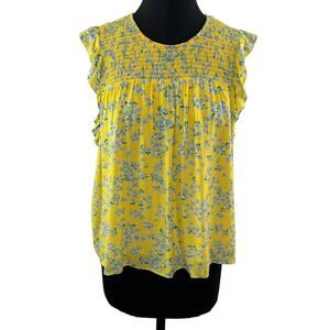 Draper James RSVP Yellow / Blue XL Top Floral Crew Neck Smocked Flutter Sleeve